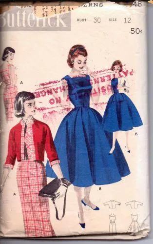 Butterick 7648 Ladies Rockabilly Cocktail Swing Dress Bolero Jacket Vintage Sewing Pattern 1950's