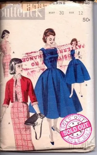 Butterick 7648 Ladies Rockabilly Cocktail Swing Dress Bolero Jacket Vintage Sewing Pattern 1950's