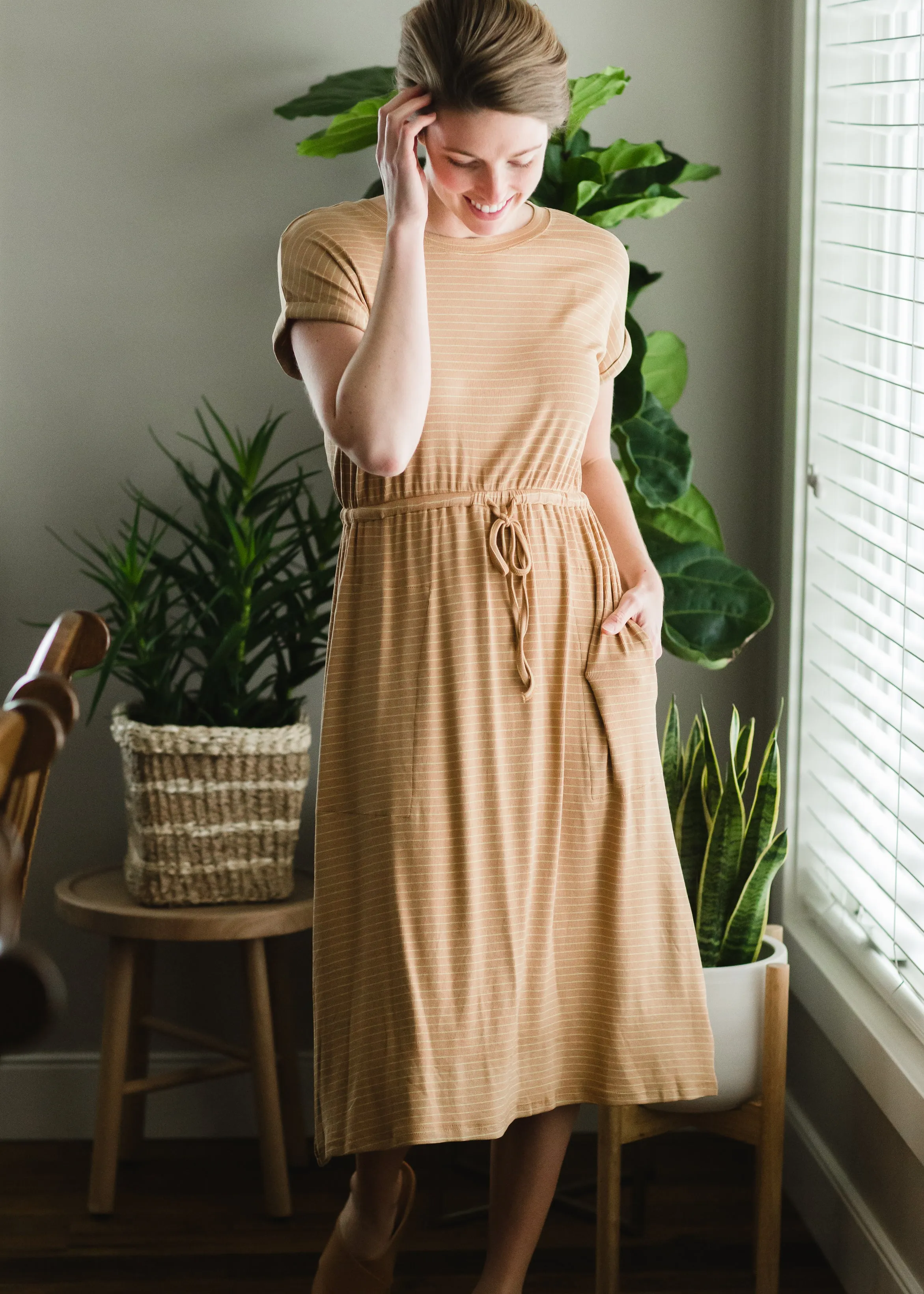 Camel Knit Striped Midi Dress