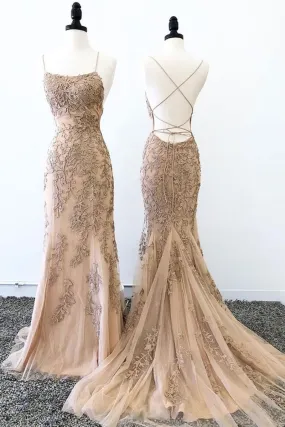 Champagne Mermaid Backless Lace Appliques Long Prom Dresses, Champagne Lace Formal Dresses, Champagne Graduation Evening Dresses