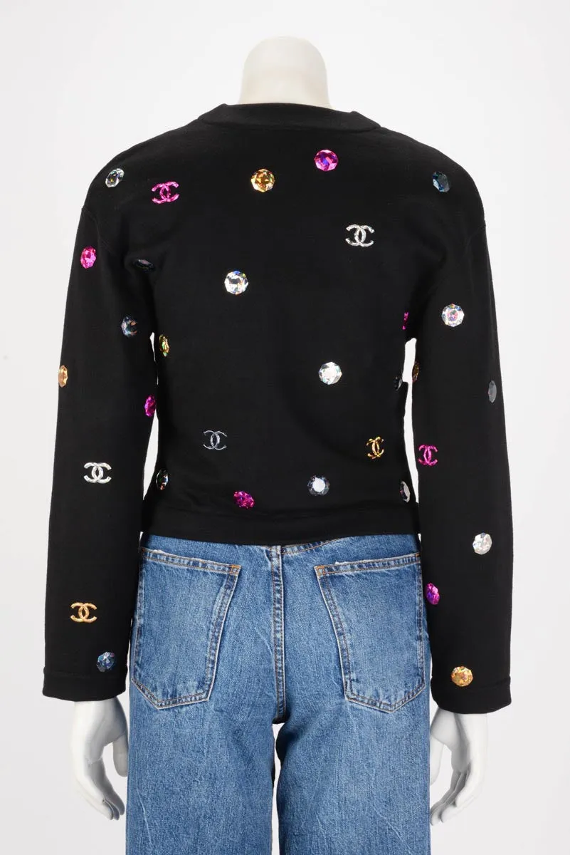 Chanel Black Jersey Bijoux CC Cardigan FR 34