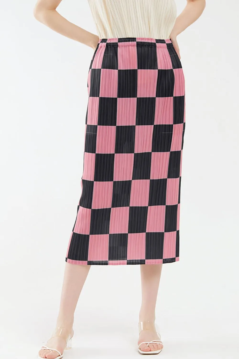 Checkerboard Accordion Pleated Midi Skirt