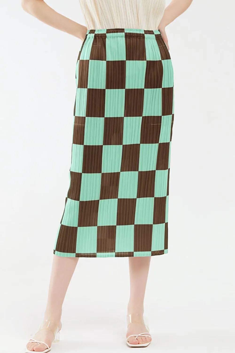 Checkerboard Accordion Pleated Midi Skirt