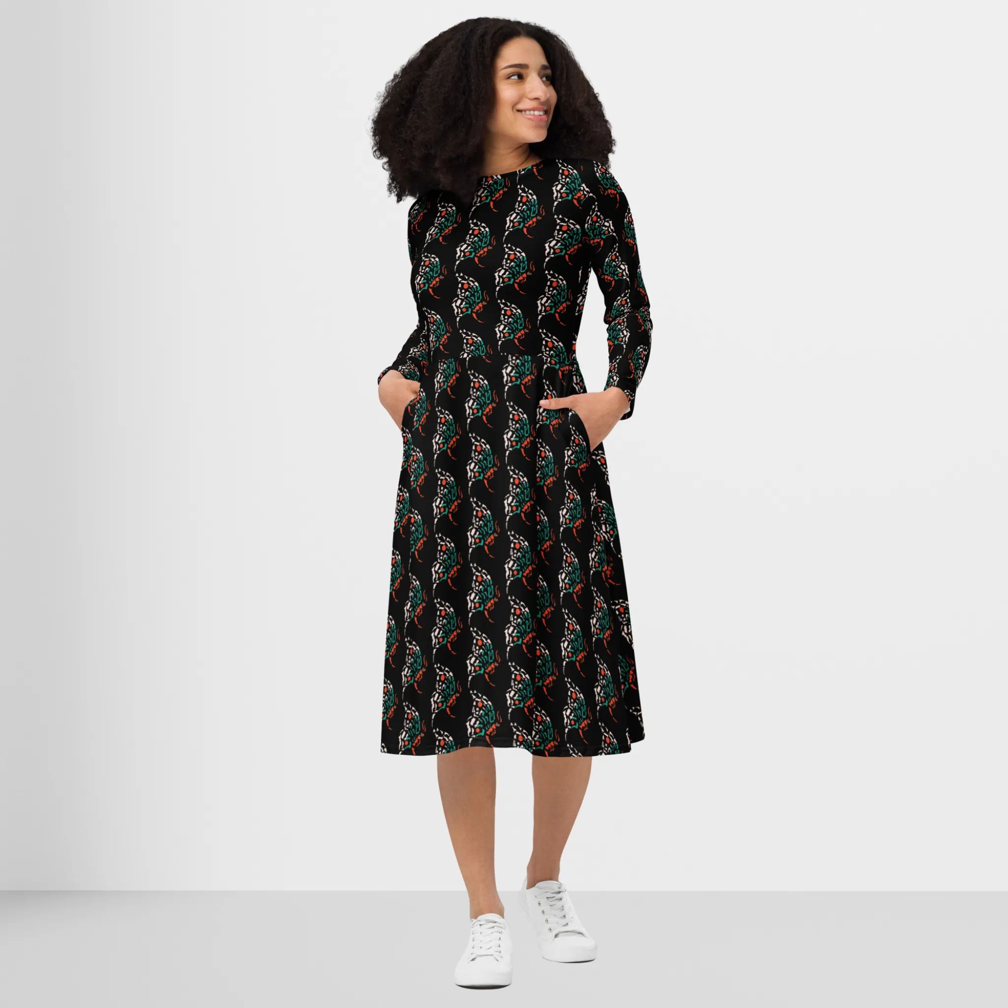 Colorful Butterfly Art Print All-Over Print Long Sleeve Midi Dress