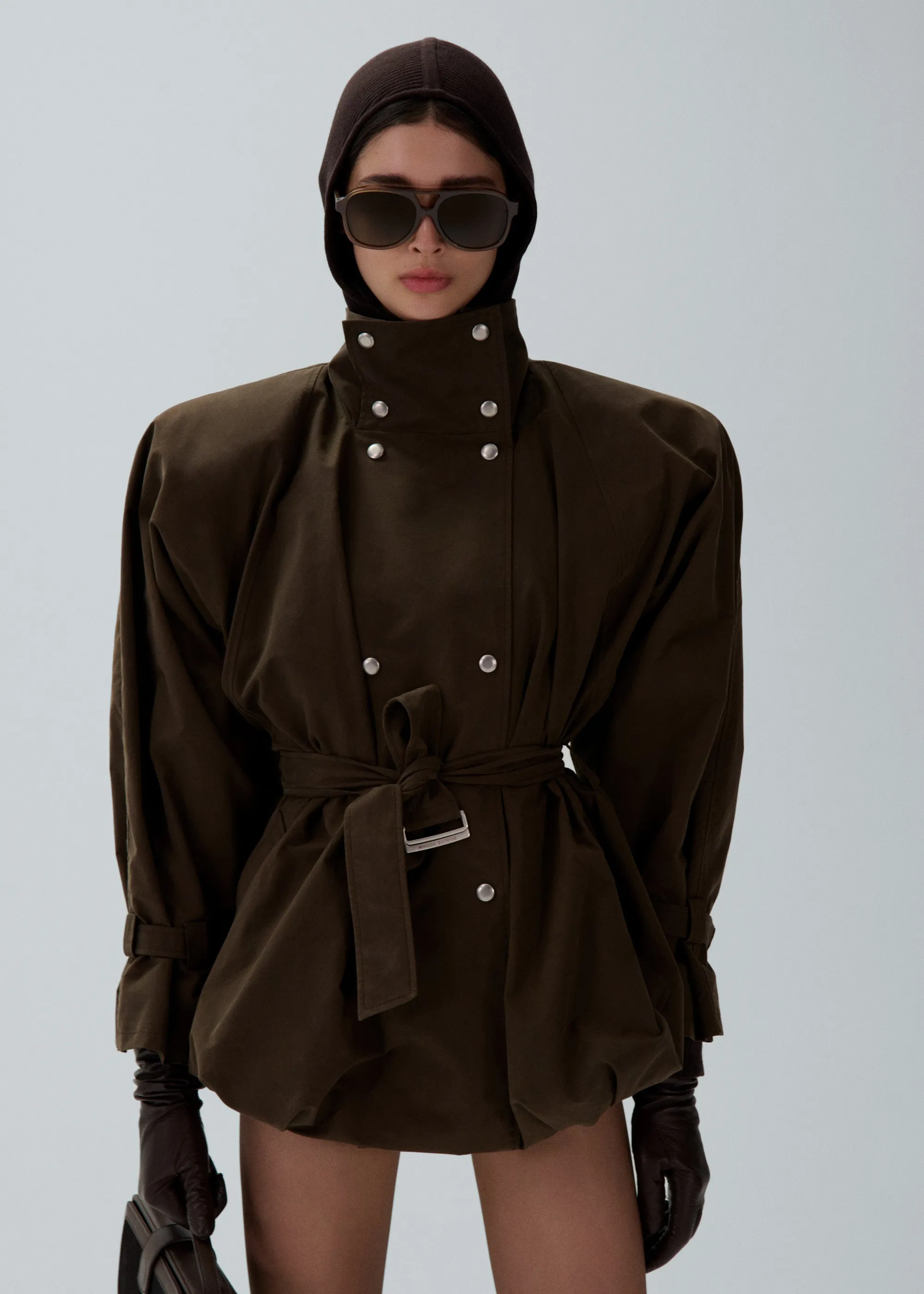 Cotton high collar trench jacket in brown