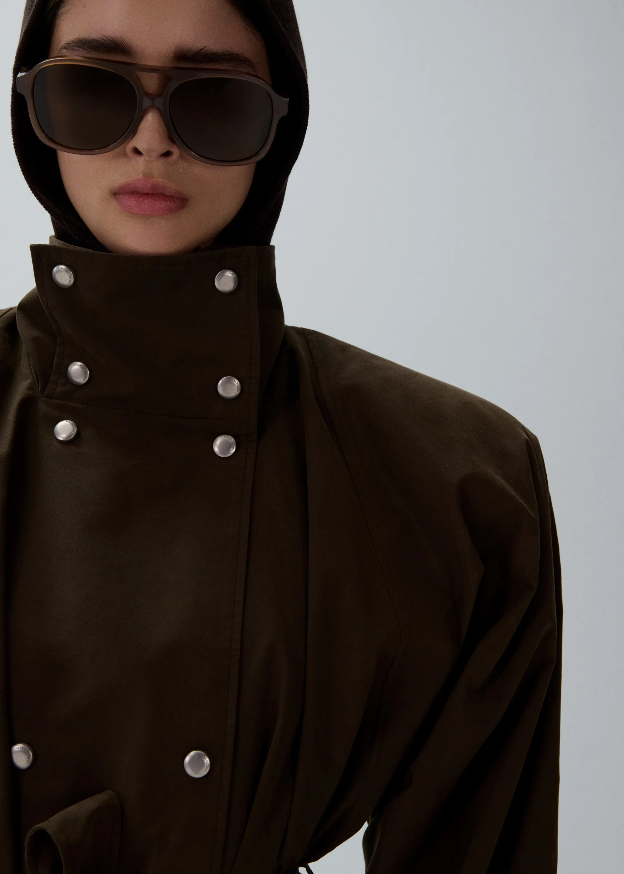 Cotton high collar trench jacket in brown