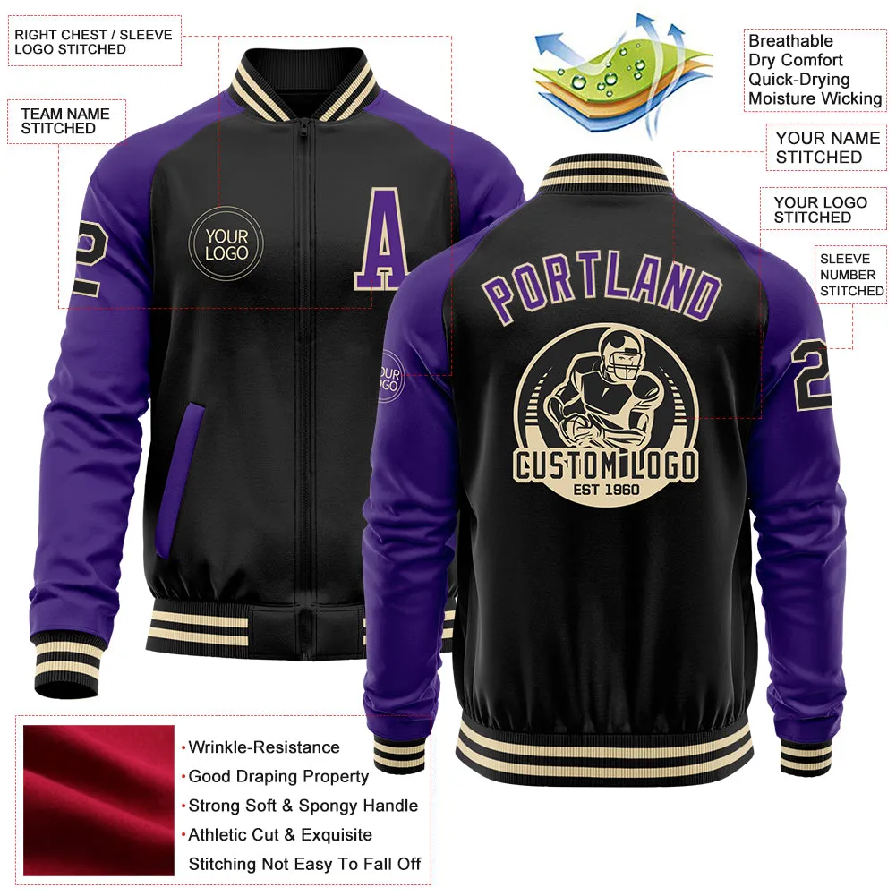 Custom Black Purple-Cream Bomber Varsity Letterman Two Tone Zipper Jacket