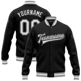 Custom Black White-Gray Bomber Full-Snap Varsity Letterman Jacket