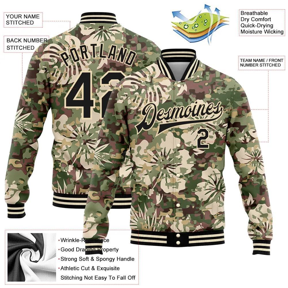 Custom Camo Black-Cream Hawaii Palm Leaves 3D Bomber Full-Snap Varsity Letterman Salute To Service Jacket