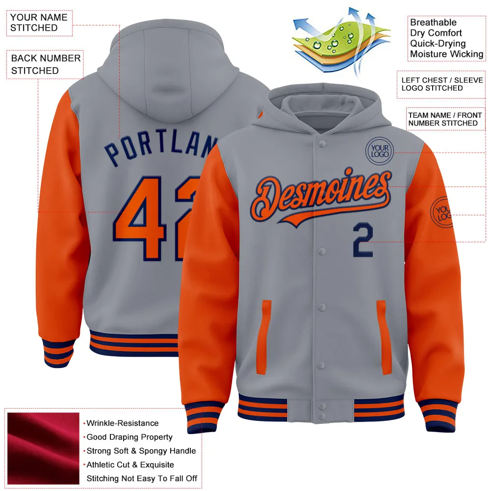 Custom Gray Orange-Navy Bomber Full-Snap Varsity Letterman Two Tone Hoodie Jacket