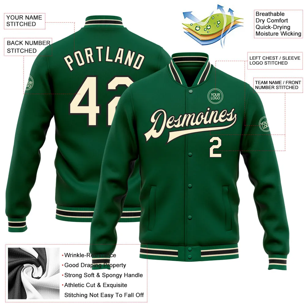 Custom Kelly Green Cream-Black Bomber Full-Snap Varsity Letterman Jacket