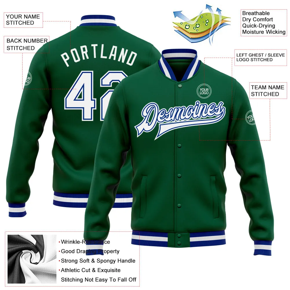 Custom Kelly Green White-Royal Bomber Full-Snap Varsity Letterman Jacket