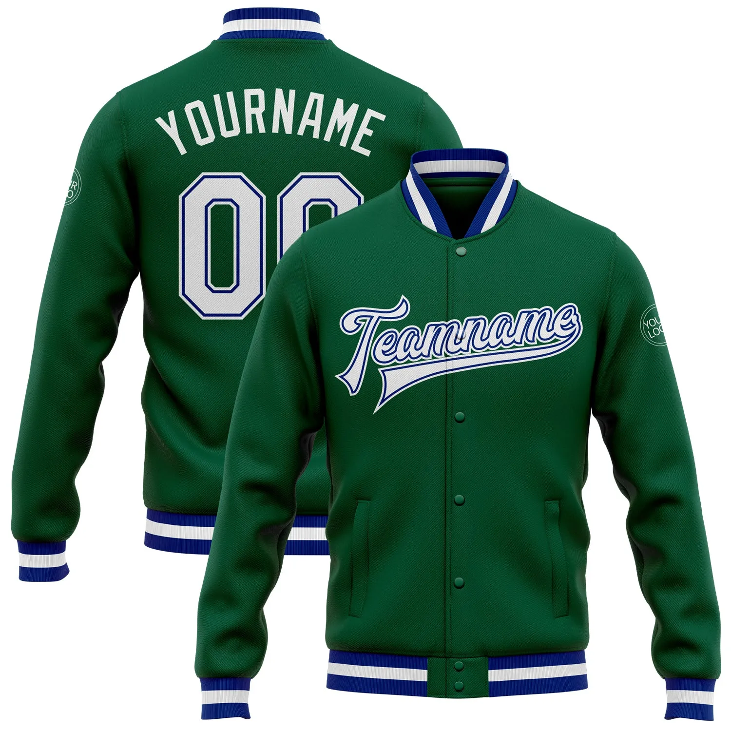 Custom Kelly Green White-Royal Bomber Full-Snap Varsity Letterman Jacket