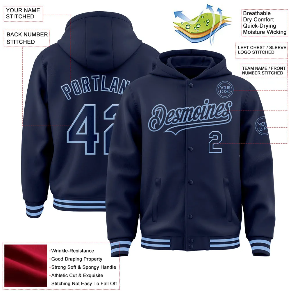 Custom Navy Light Blue Bomber Full-Snap Varsity Letterman Hoodie Jacket