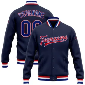 Custom Navy Royal-Red Bomber Full-Snap Varsity Letterman Jacket