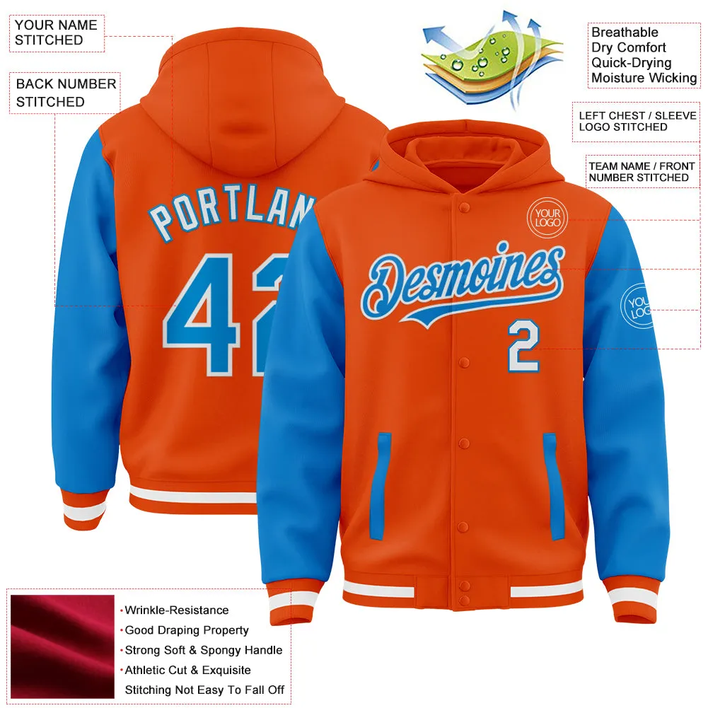 Custom Orange Powder Blue-White Bomber Full-Snap Varsity Letterman Two Tone Hoodie Jacket