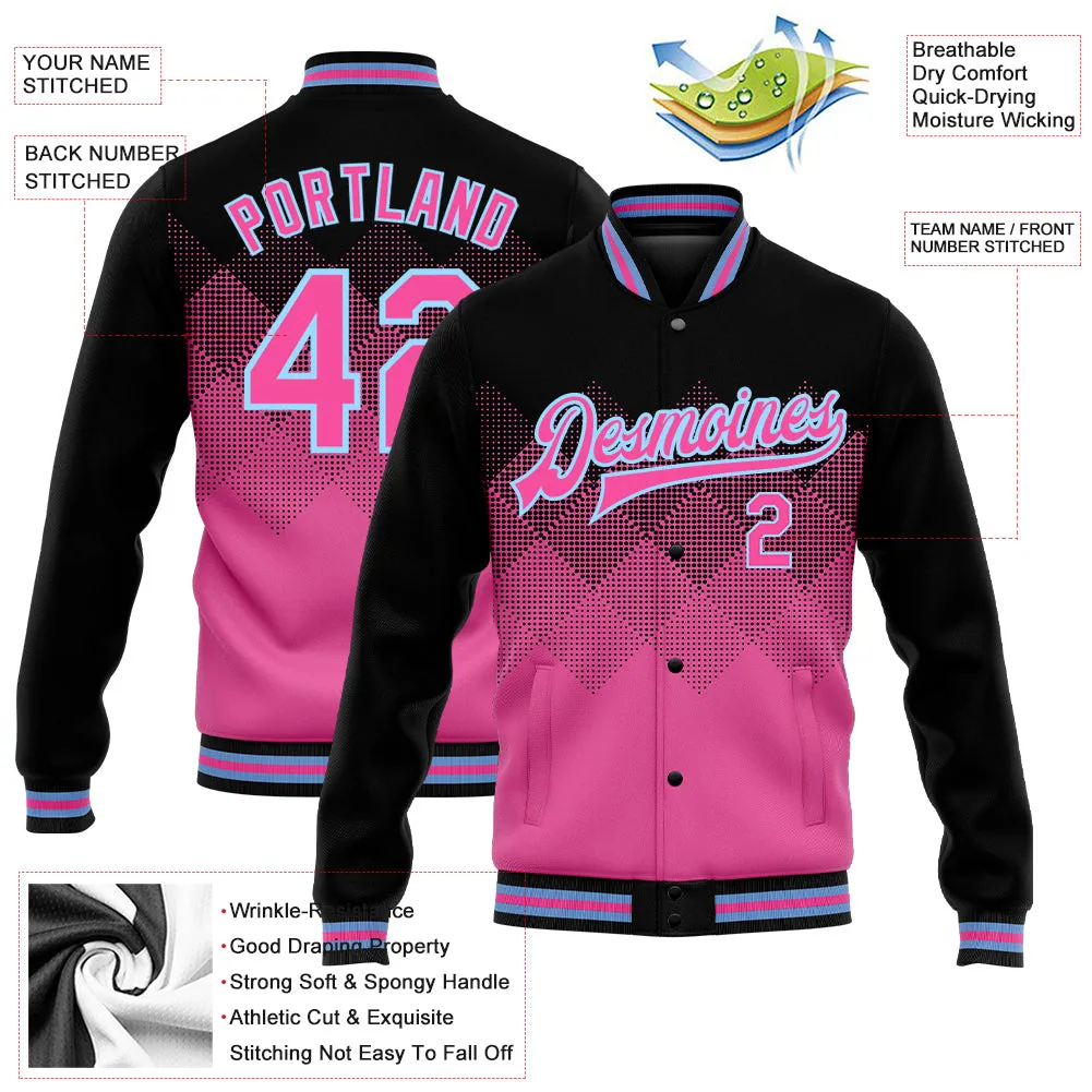 Custom Pink Light Blue-Black 3D Pattern Design Bomber Full-Snap Varsity Letterman Jacket