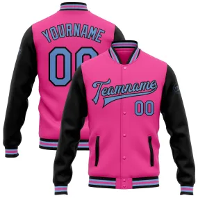 Custom Pink Light Blue-Black Bomber Full-Snap Varsity Letterman Two Tone Jacket