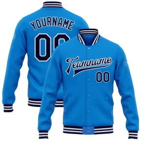 Custom Powder Blue Navy-White Bomber Full-Snap Varsity Letterman Jacket