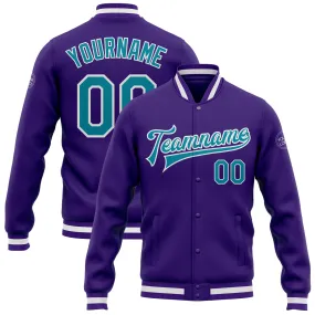 Custom Purple Teal-White Bomber Full-Snap Varsity Letterman Jacket