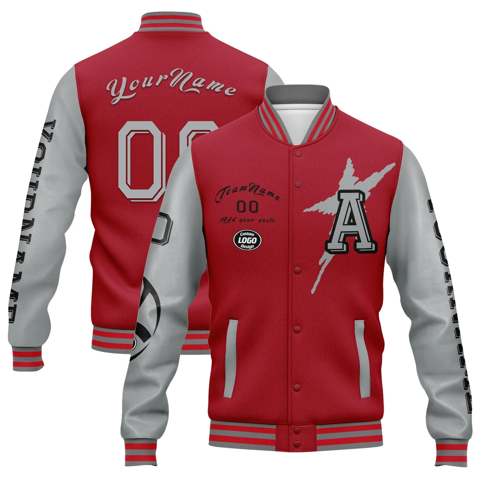 Custom Red Gray Atlanta Jacket Bomber Full-Snap Varsity Letterman Personalized Jacket FZ005SX-D020290-3