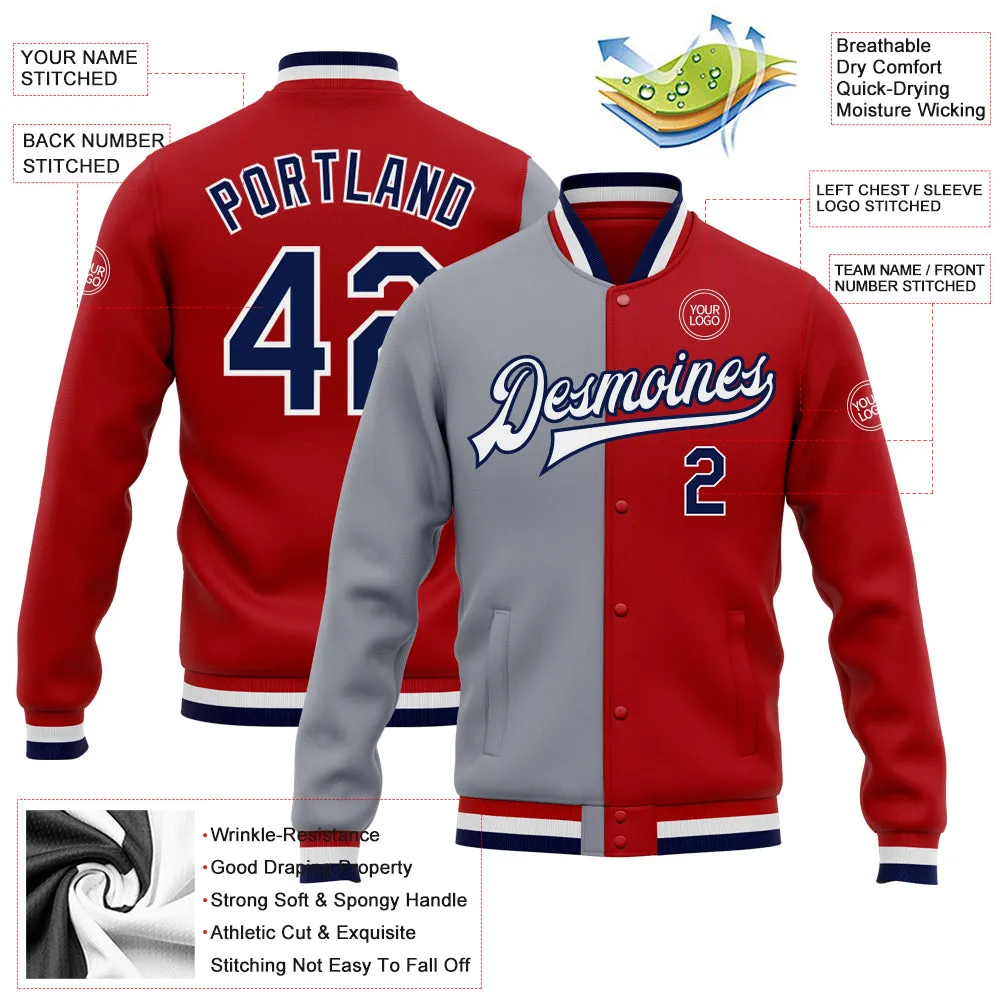 Custom Red Navy-Gray Bomber Full-Snap Varsity Letterman Split Fashion Jacket