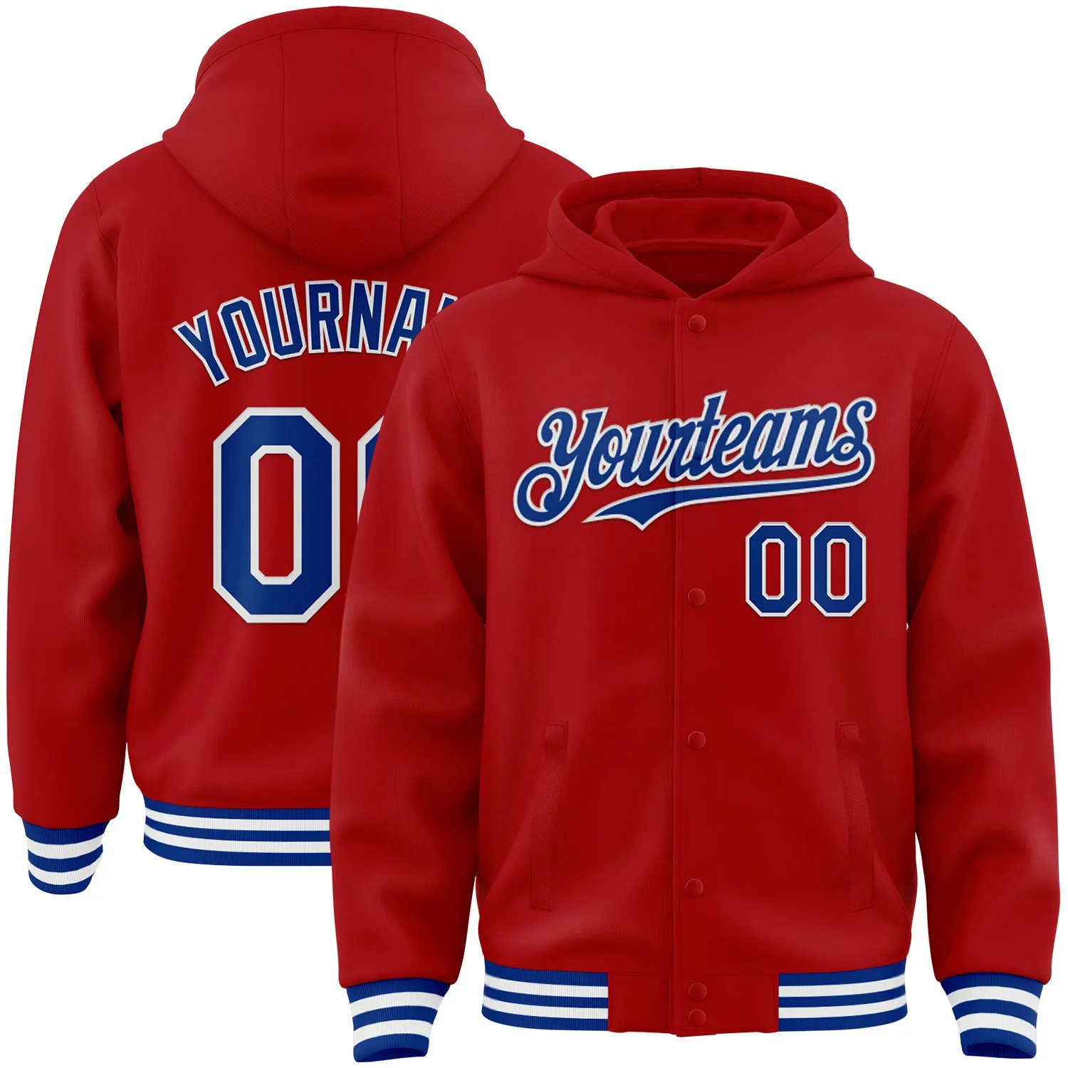 Custom Red Royal-White Bomber Full-Snap Varsity Letterman Hoodie Jacket