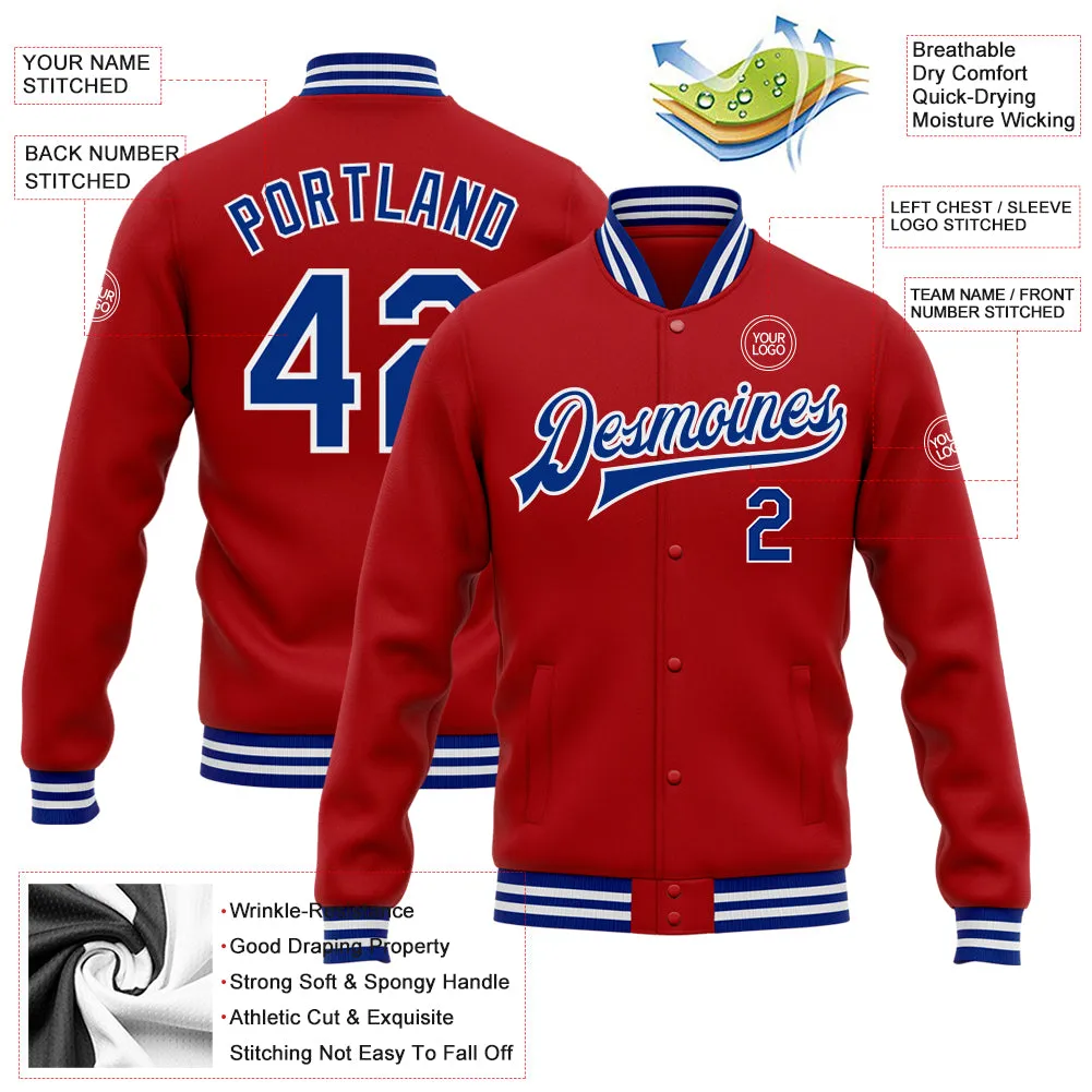 Custom Red Royal-White Bomber Full-Snap Varsity Letterman Jacket