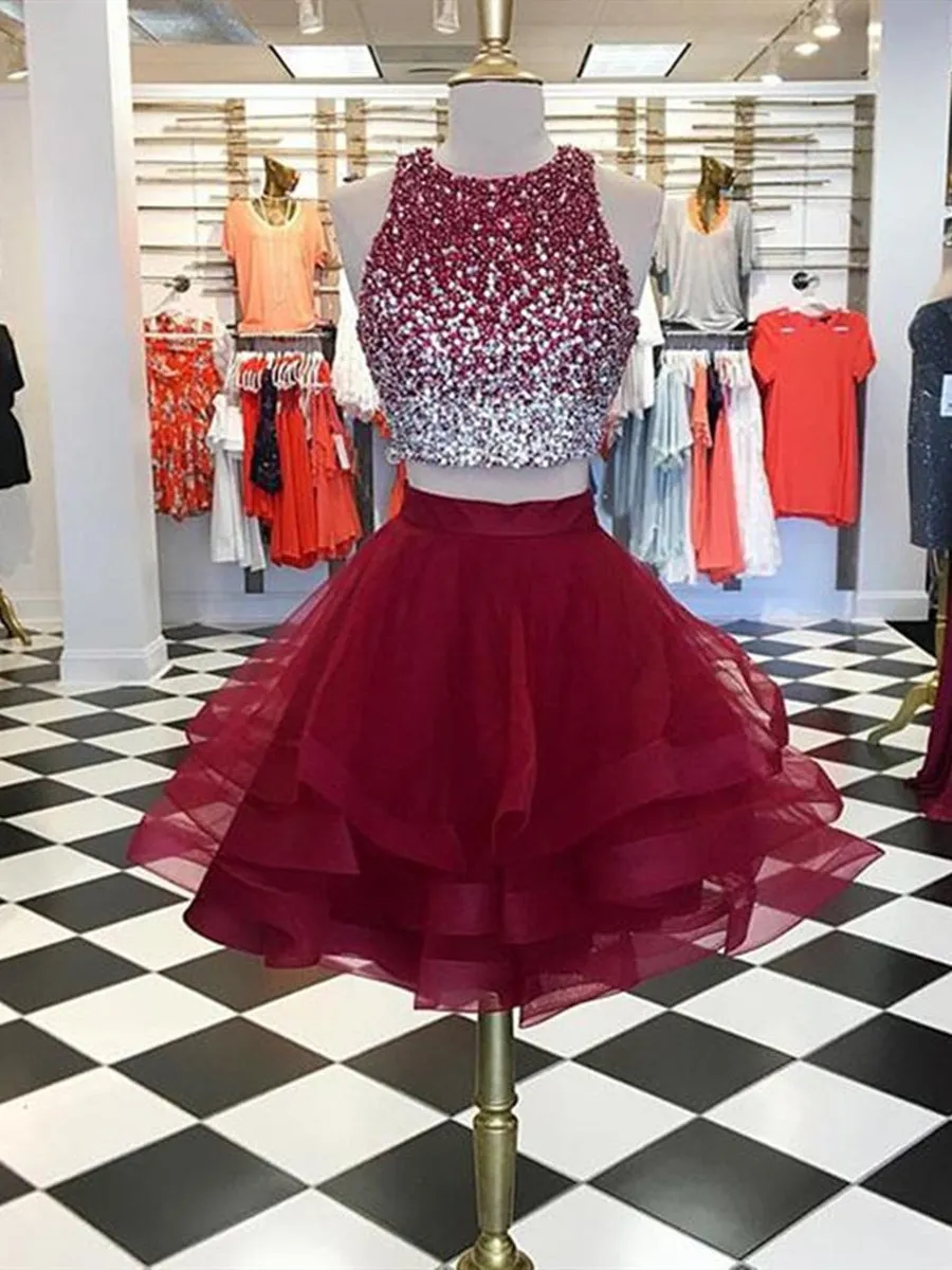 Cute Round Neck 2 Pieces Beading Burgundy Tulle Short Prom, 2 Pieces Burgundy Homecoming, Formal