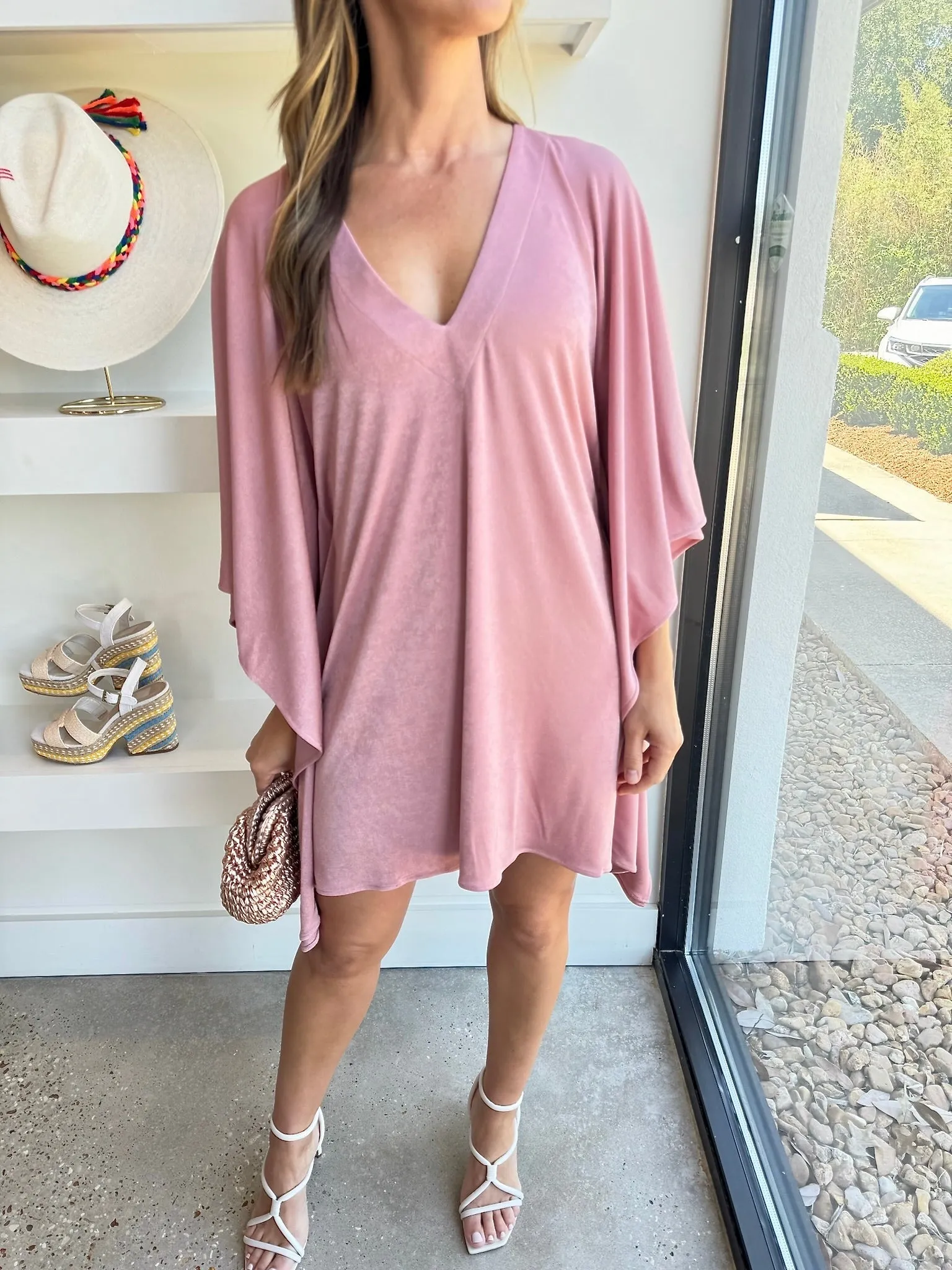 Dusty Rose Slinky Caftan Short Dress