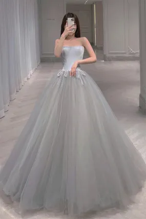 Elegant Gray Tulle Long Prom Dress, Strapless Gray Formal Evening Dress, Grey Ball Gown A1574