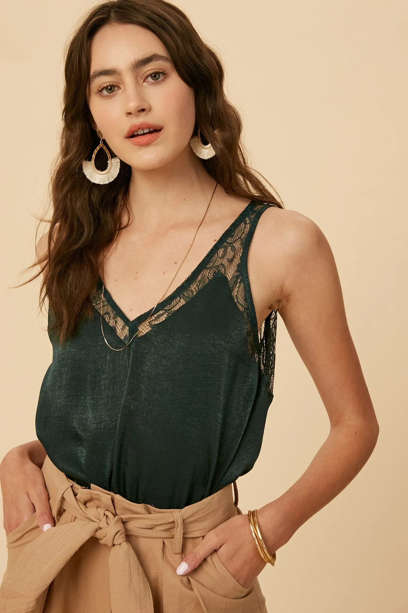 Emerald V-neck Camisole Silky Top with Lace