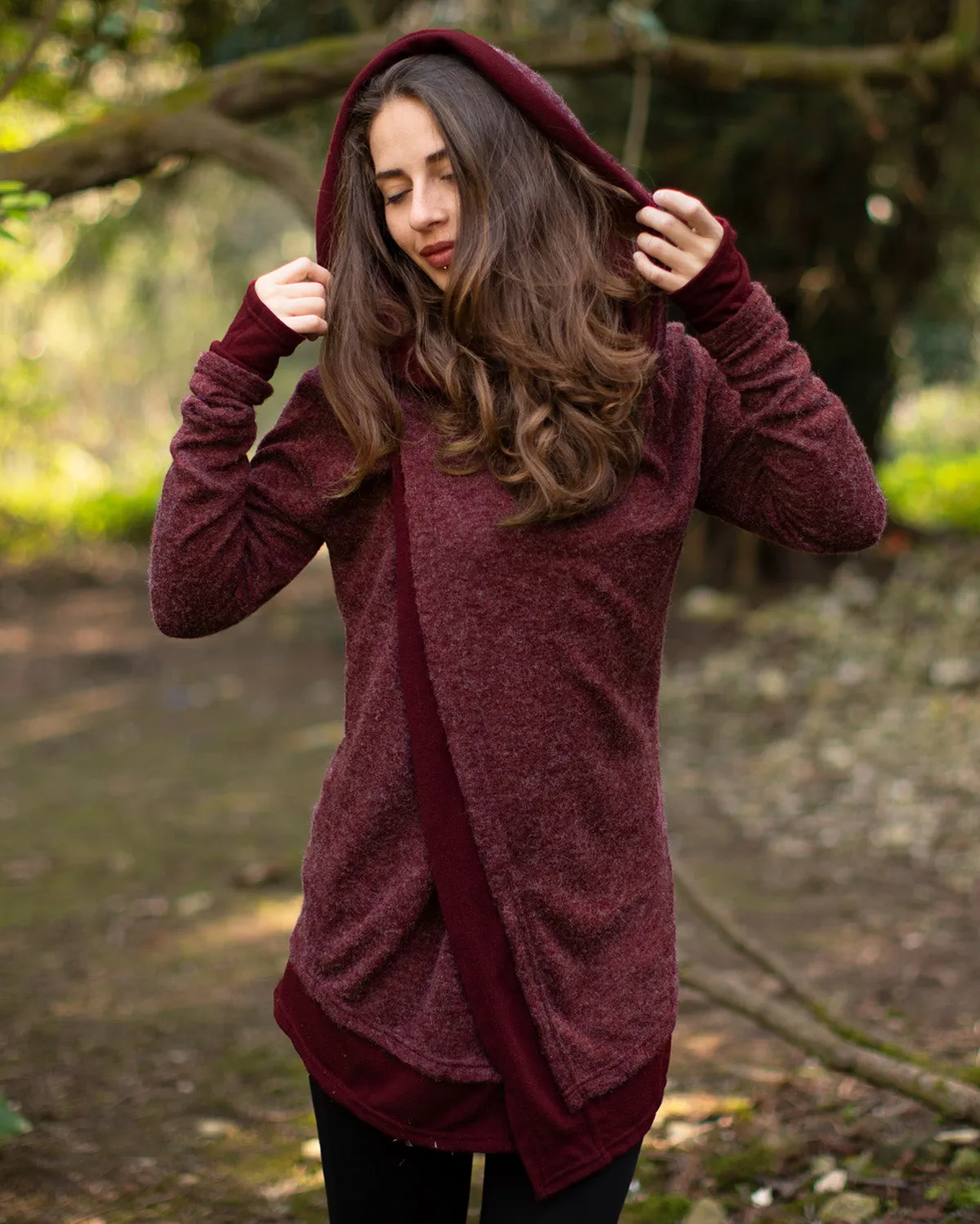 Enchanting Hooded Wrap Cardigan Wine