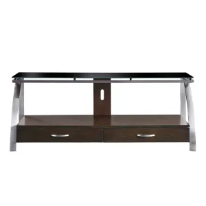 Espresso & Stainless Glass Top TV Stand with Storage & Wire Management