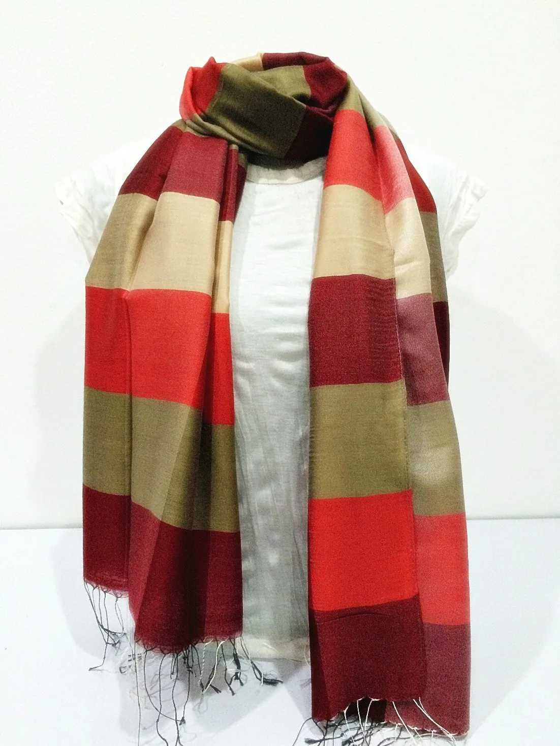 Fair Trade Hand Made Nepal Pashmina Scarf Shawl Striped Red Maroon