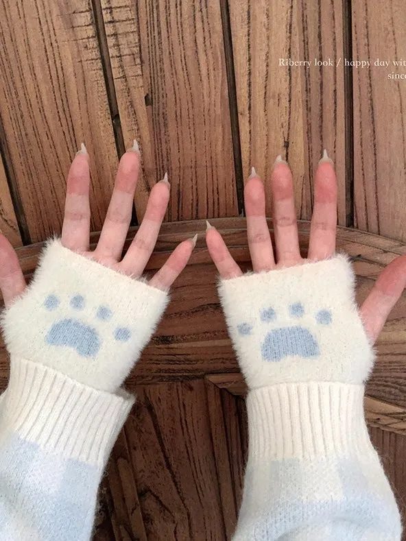 [Faux Fur] 5 Colors Sweet Kitty Paws-Pattern Gloves