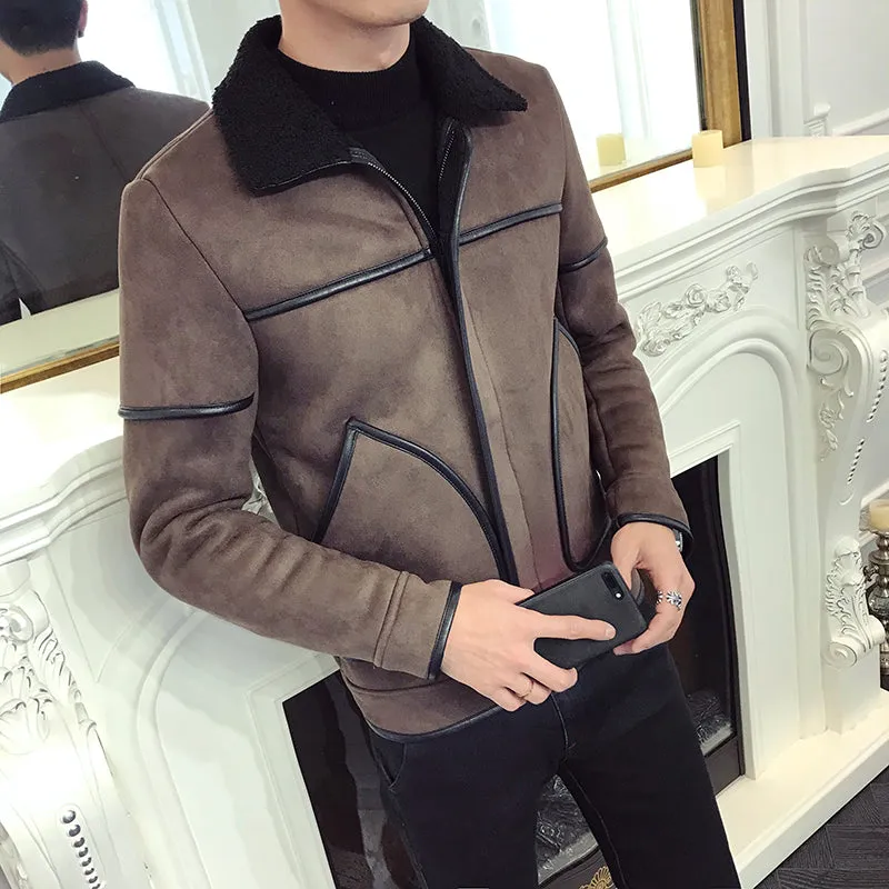 Faux Leather Suede with Big Fanciful Pocket Design Men Jacket