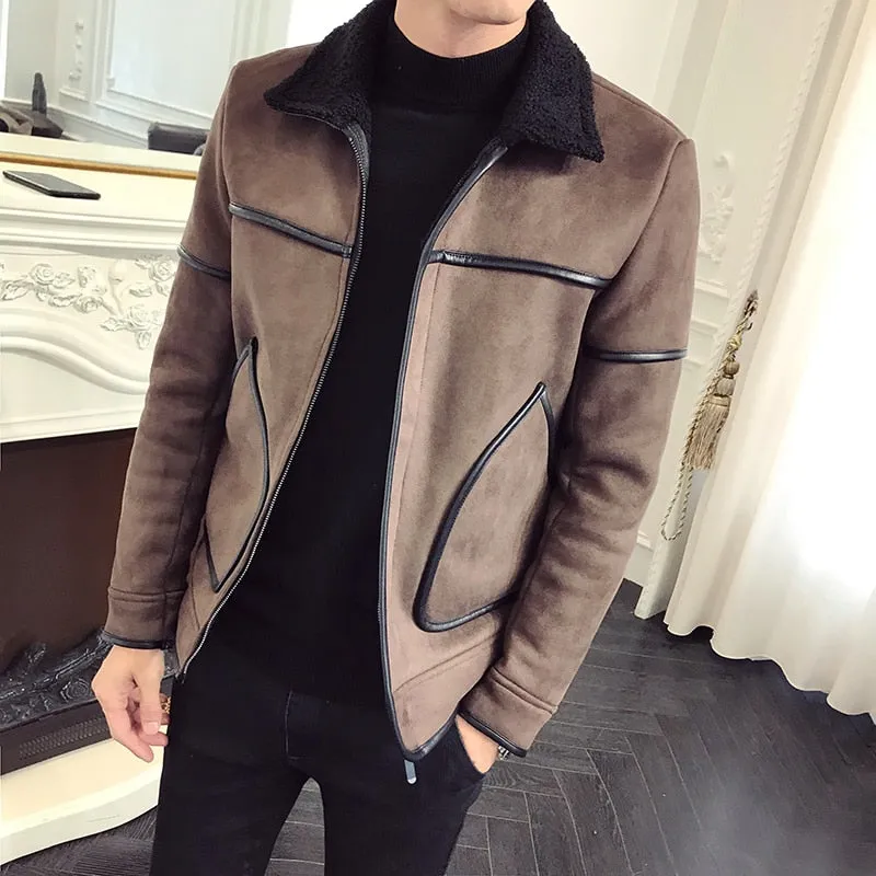 Faux Leather Suede with Big Fanciful Pocket Design Men Jacket