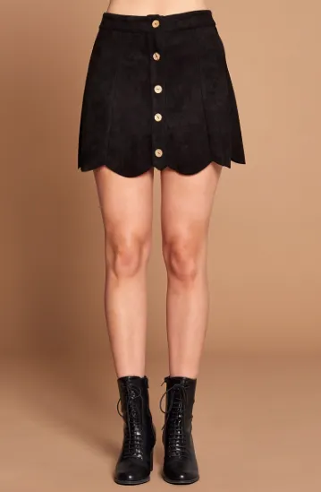 Faux Suede Button Down Mini Skirt with Scalloped Hem - Tan or Black