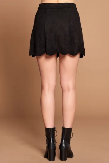 Faux Suede Button Down Mini Skirt with Scalloped Hem - Tan or Black