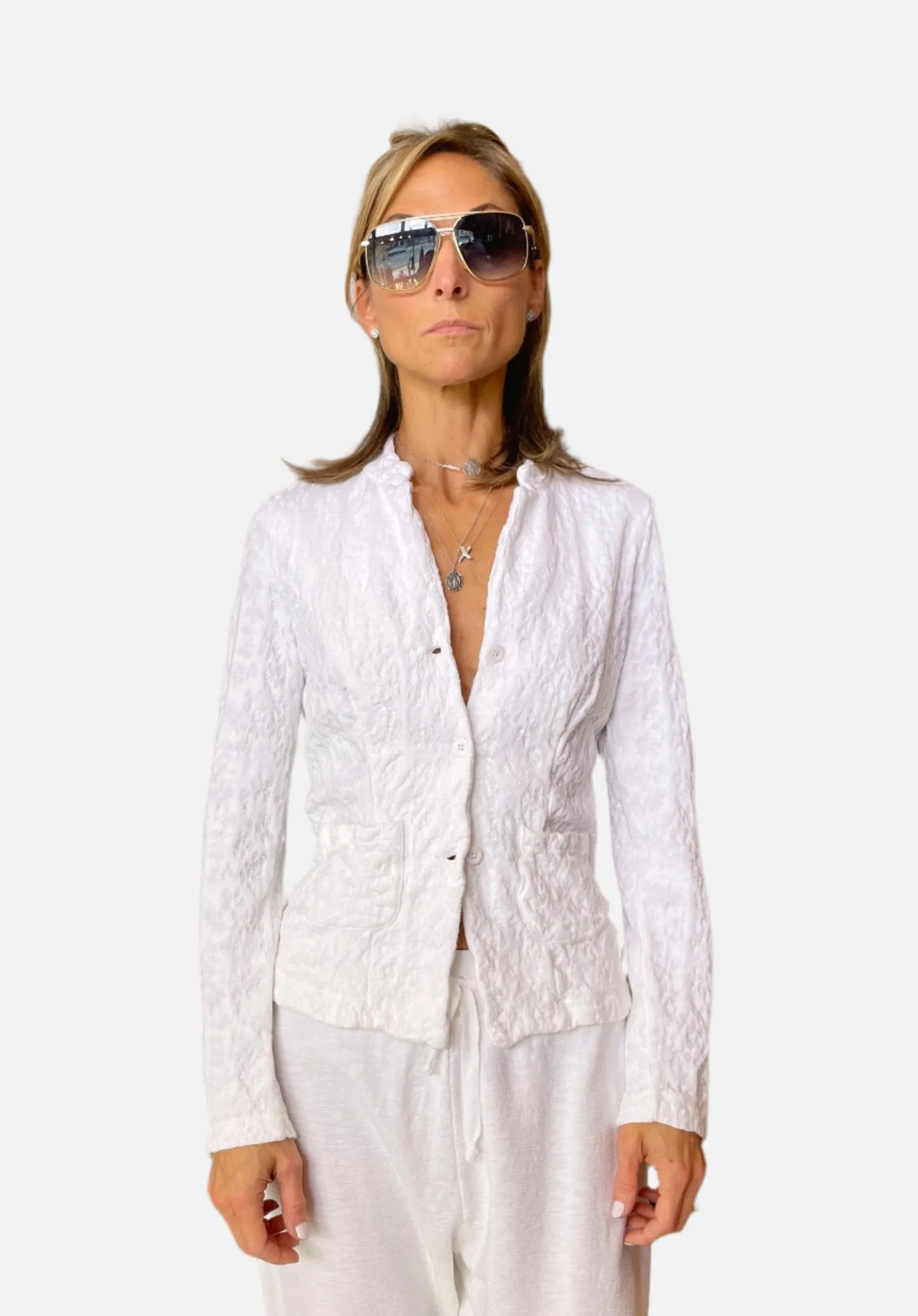 Floral Cotton Linen Jacquard Knitted Jacket - White