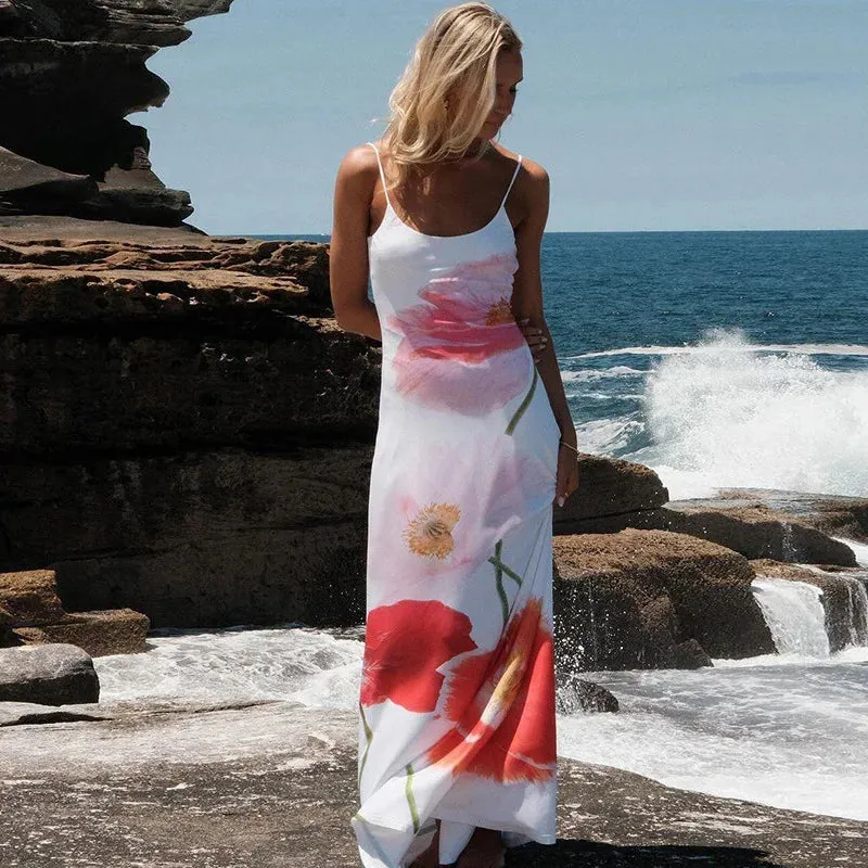 Floral Print Spaghetti Straps Backless Maxi Dress for Summer Beach Party