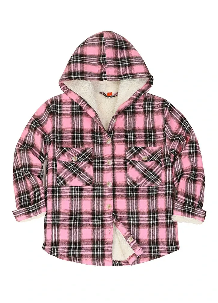 Girls Hooded Plaid Flannel Shirt Jacket,Sherpa Lined