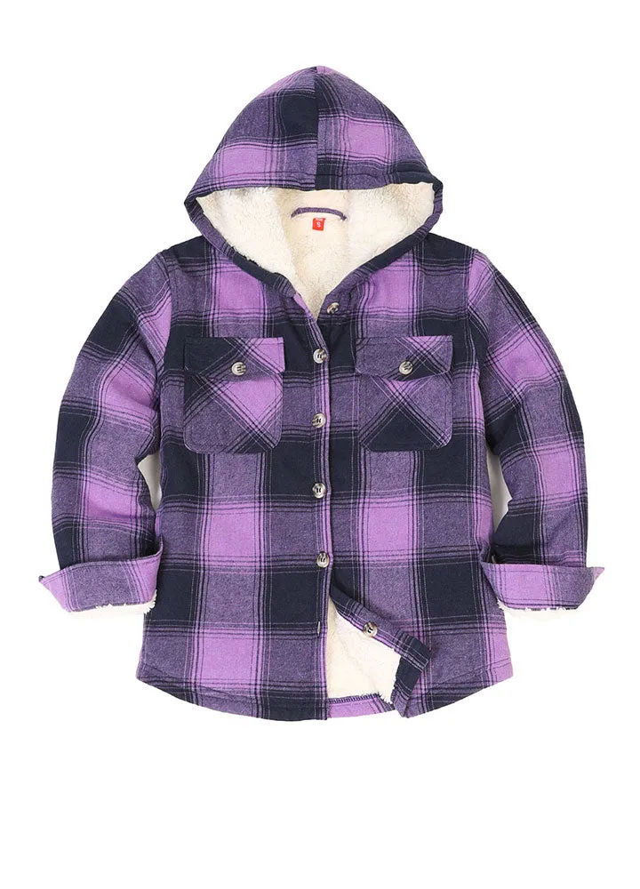 Girls Hooded Plaid Flannel Shirt Jacket,Sherpa Lined