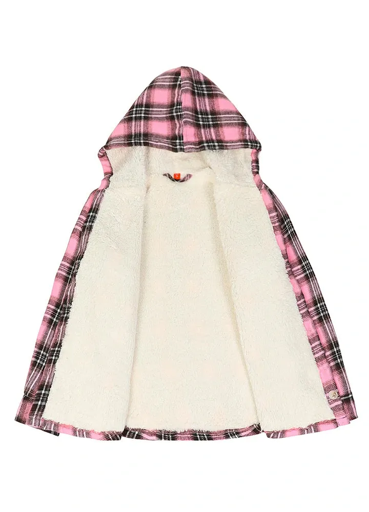 Girls Hooded Plaid Flannel Shirt Jacket,Sherpa Lined