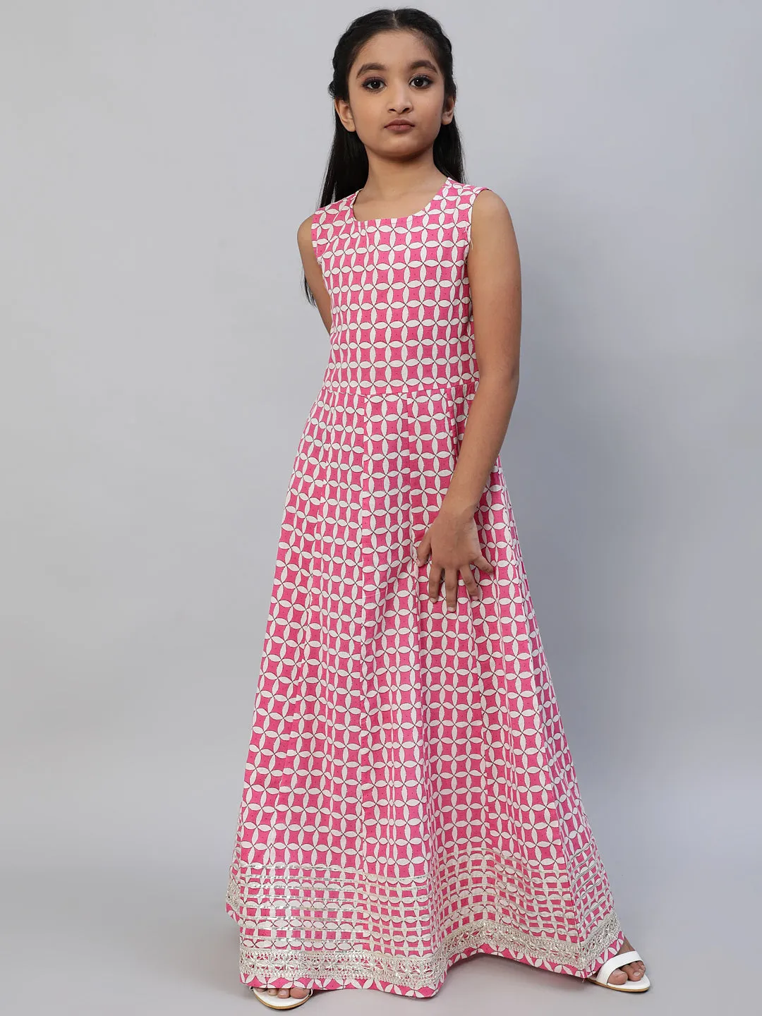 Girl's Pink Floral Print Maxi Dress With Jacket - Aks Girls