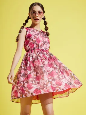 Girls Pink Organza Floral Gathered Dress