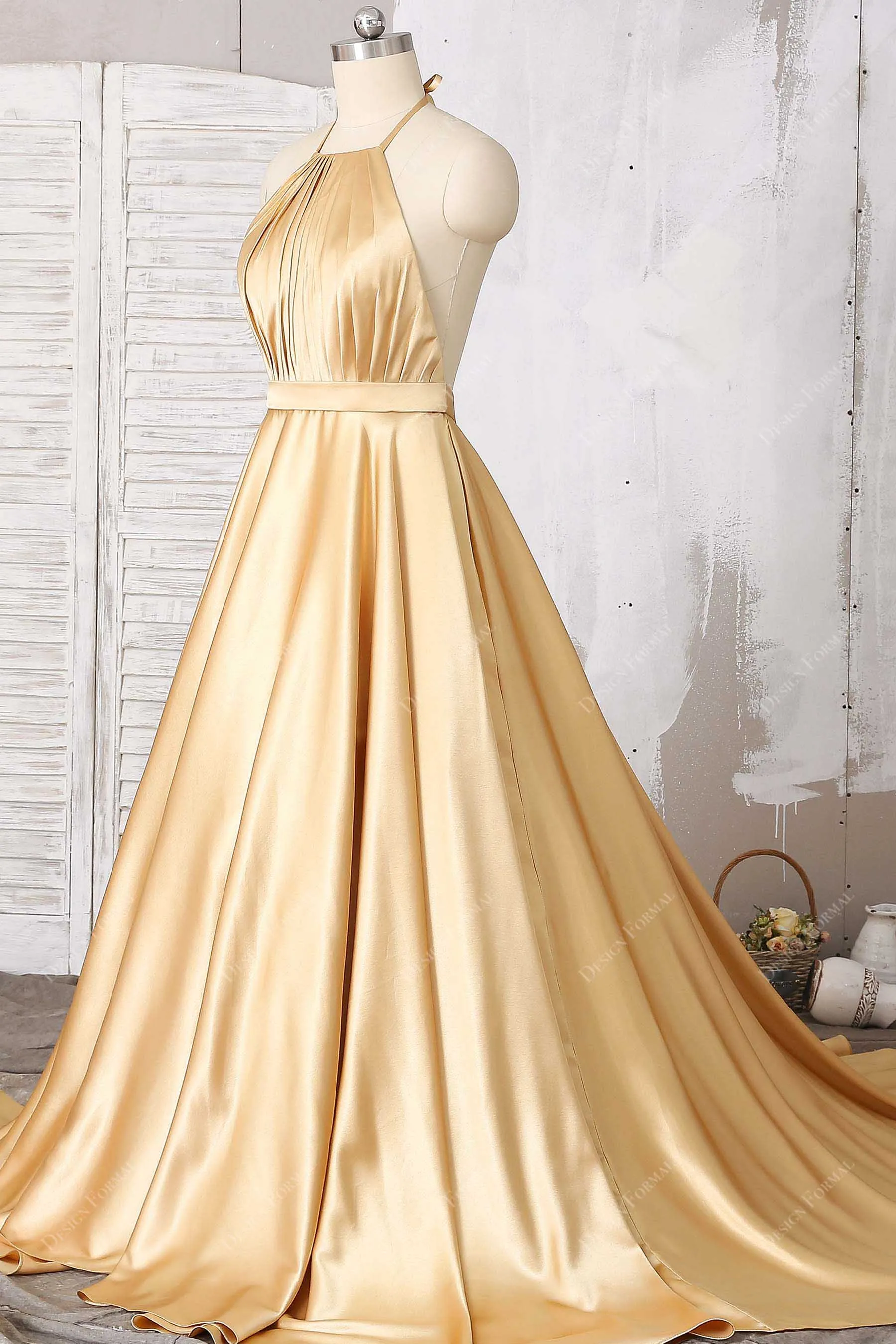 Gold Satin Pleated Halter Open Back Simple A-line Long Dress