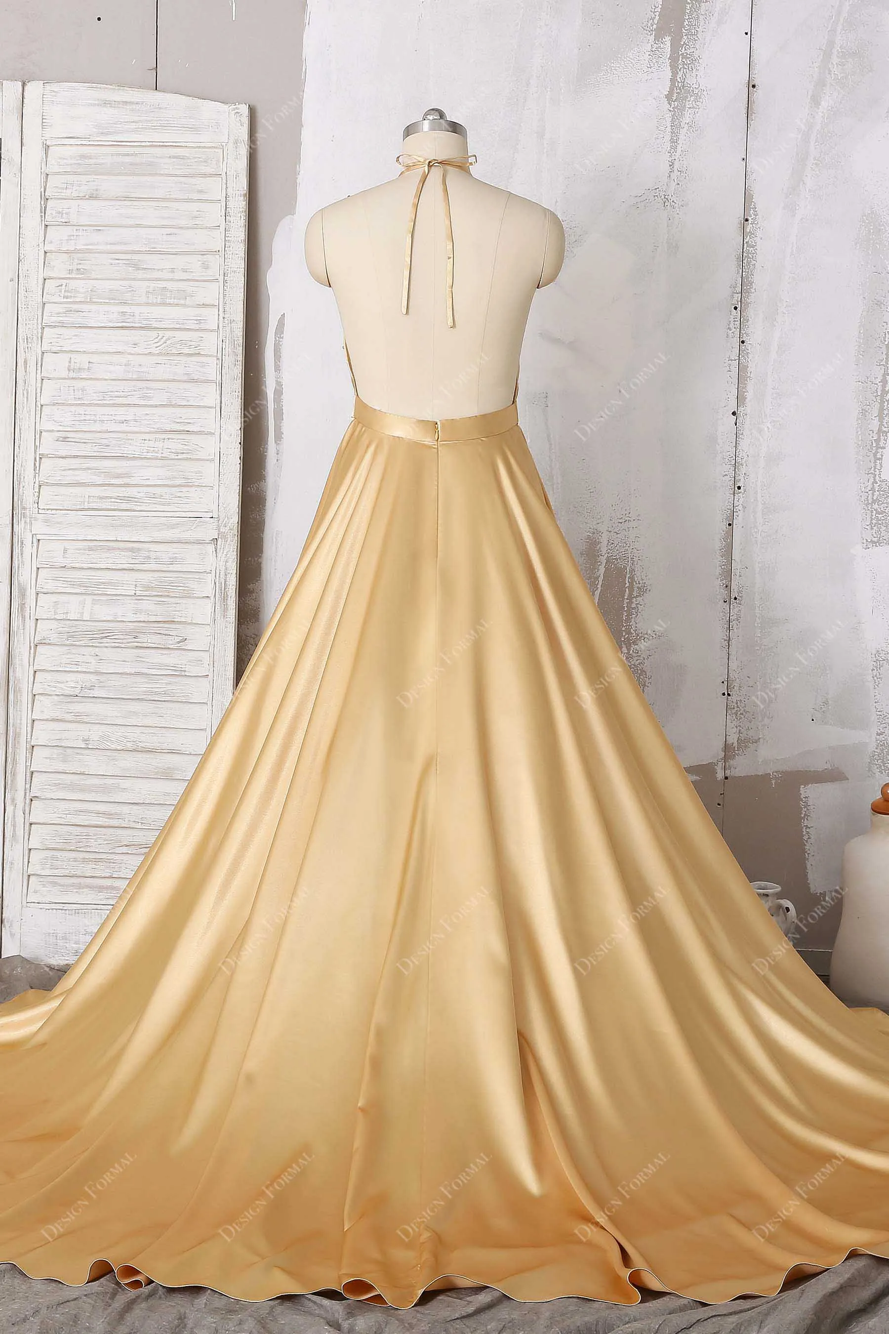 Gold Satin Pleated Halter Open Back Simple A-line Long Dress