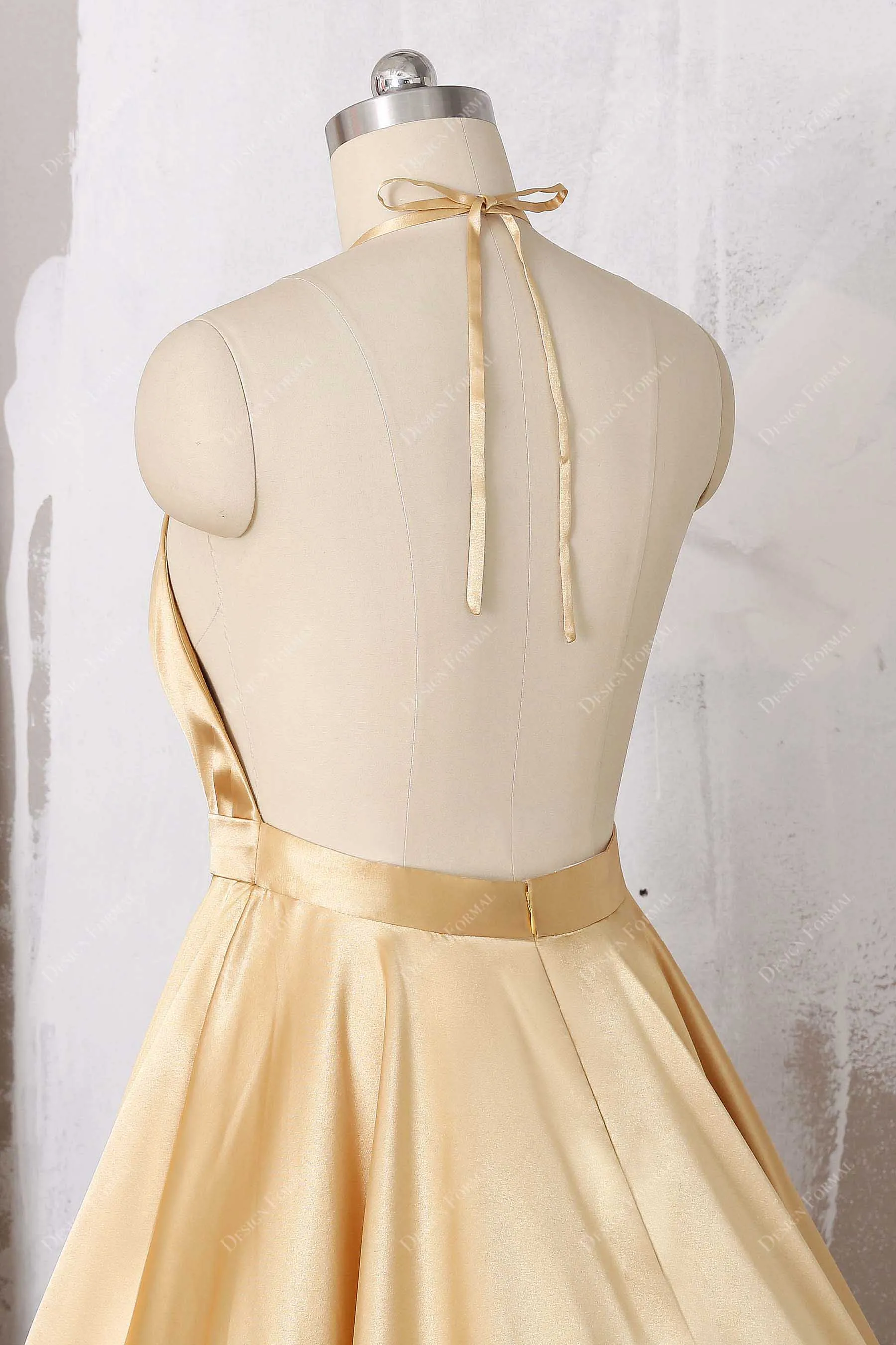 Gold Satin Pleated Halter Open Back Simple A-line Long Dress